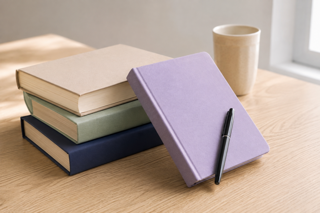 Minimalist study desk with course books, lavender notebook and pen for choosing a learning program