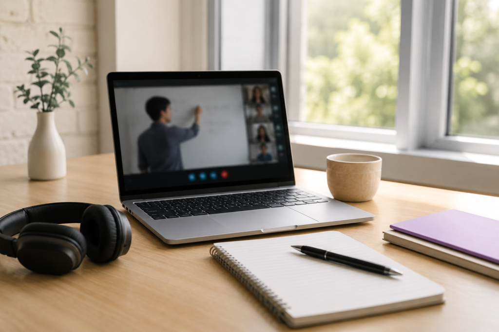 Online learning setup with a laptop showing a virtual lesson, notebook, pen and headphones