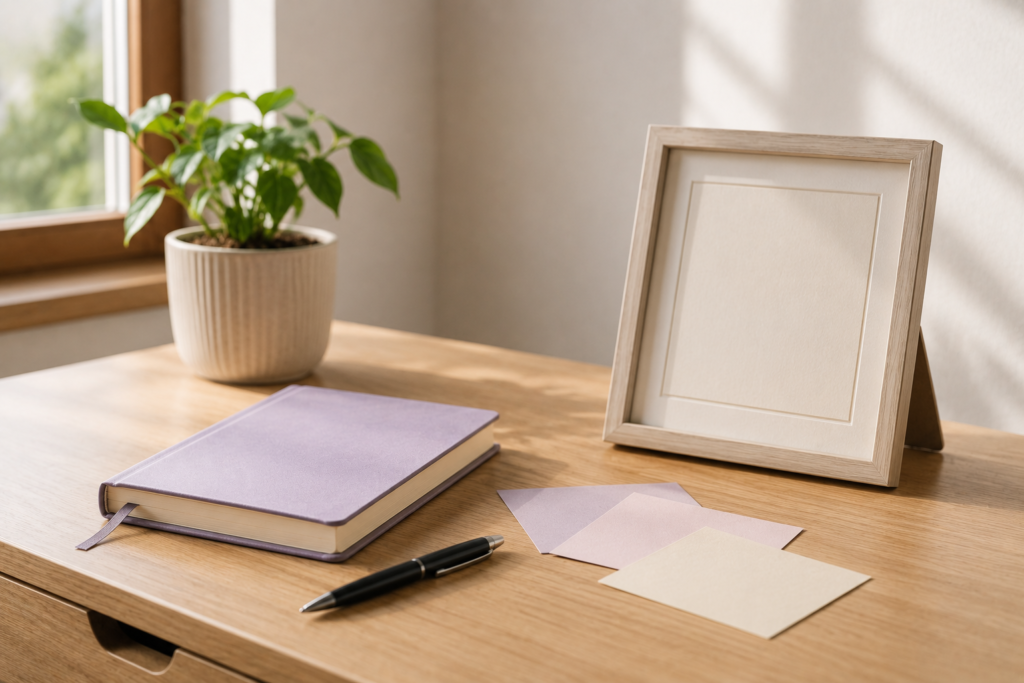 Minimalist study desk with notebook, study cards, blank certificate frame and indoor plant representing student progress
